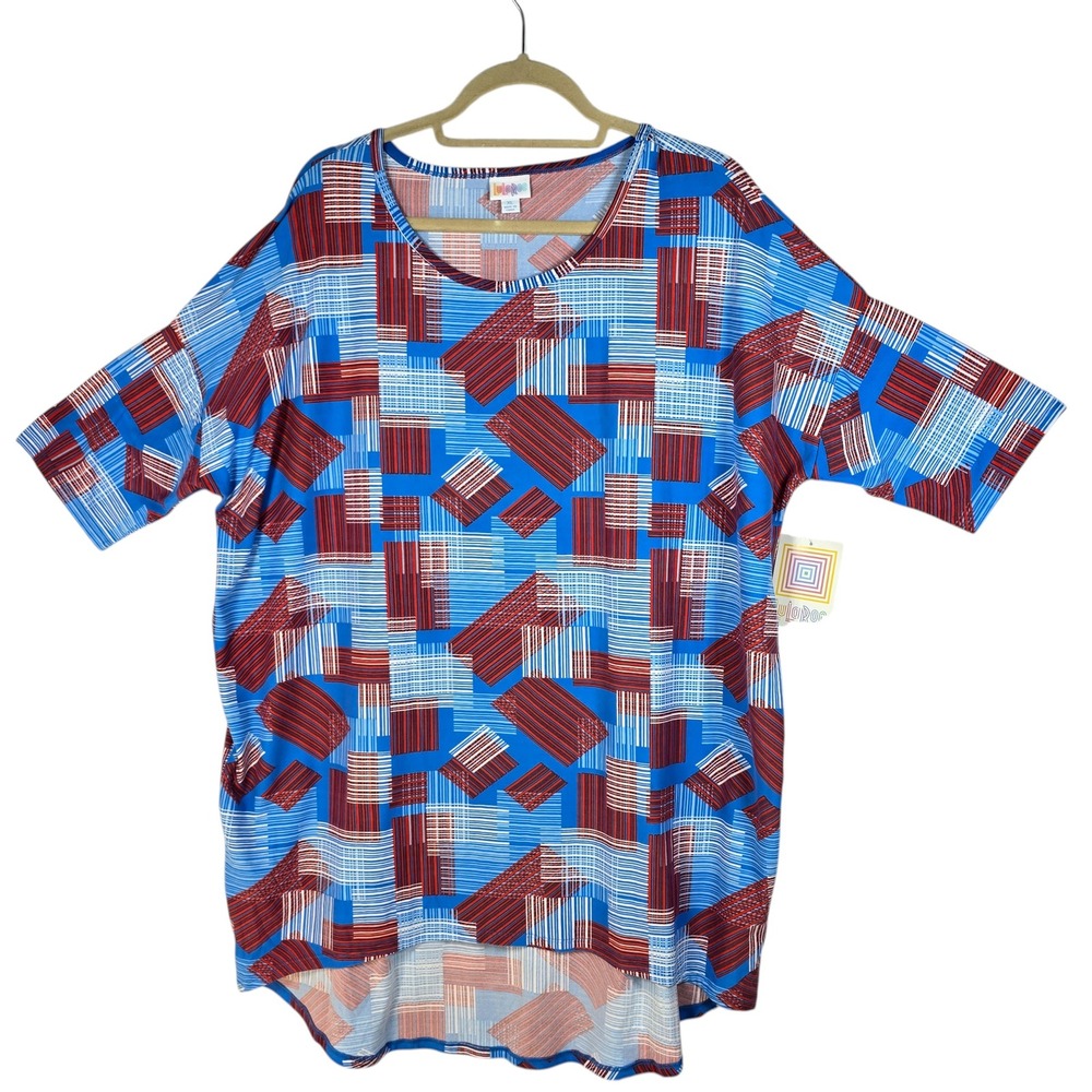 LuLaRoe Irma Tunic‎ Top XL Womens Blue Red White Geometric Abstract High Low NWT